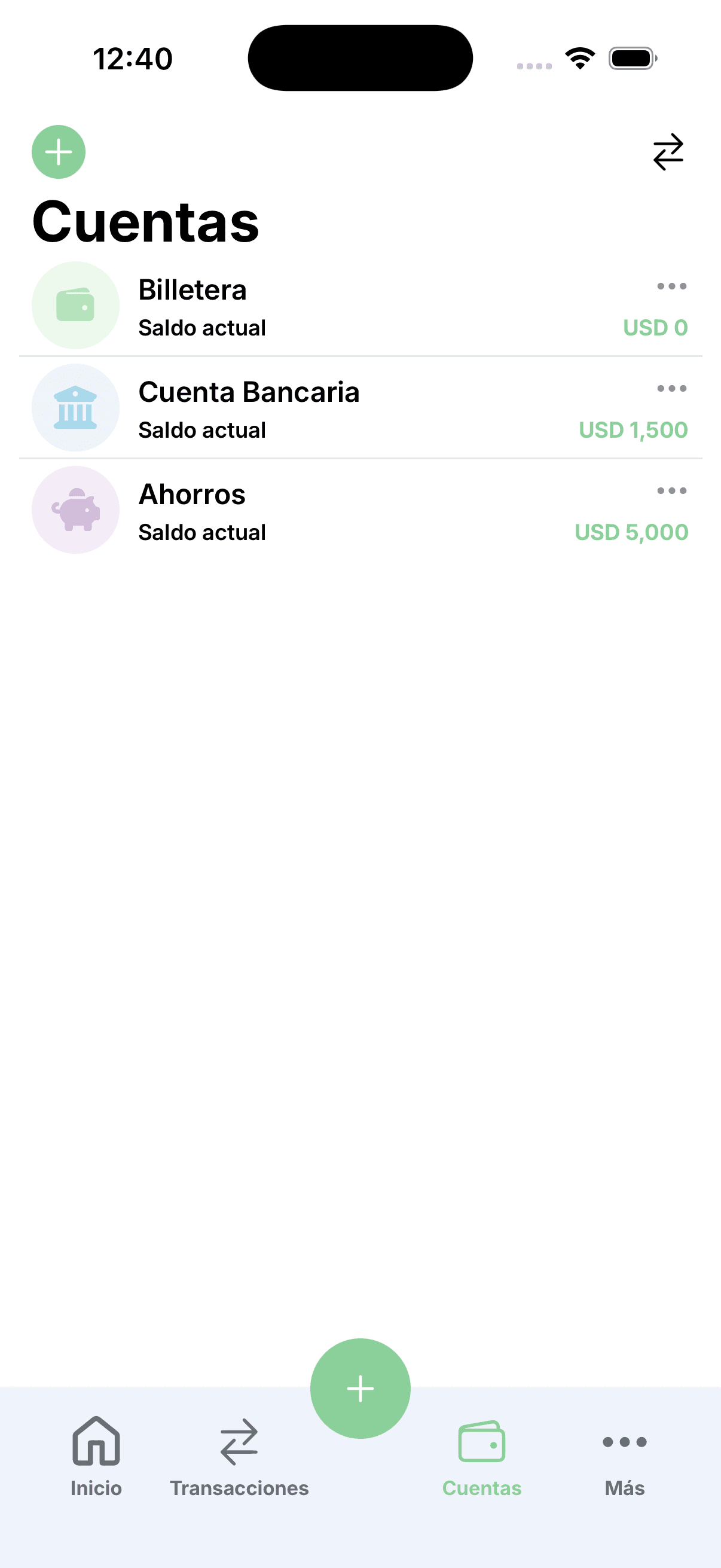 Pantalla de cuentas