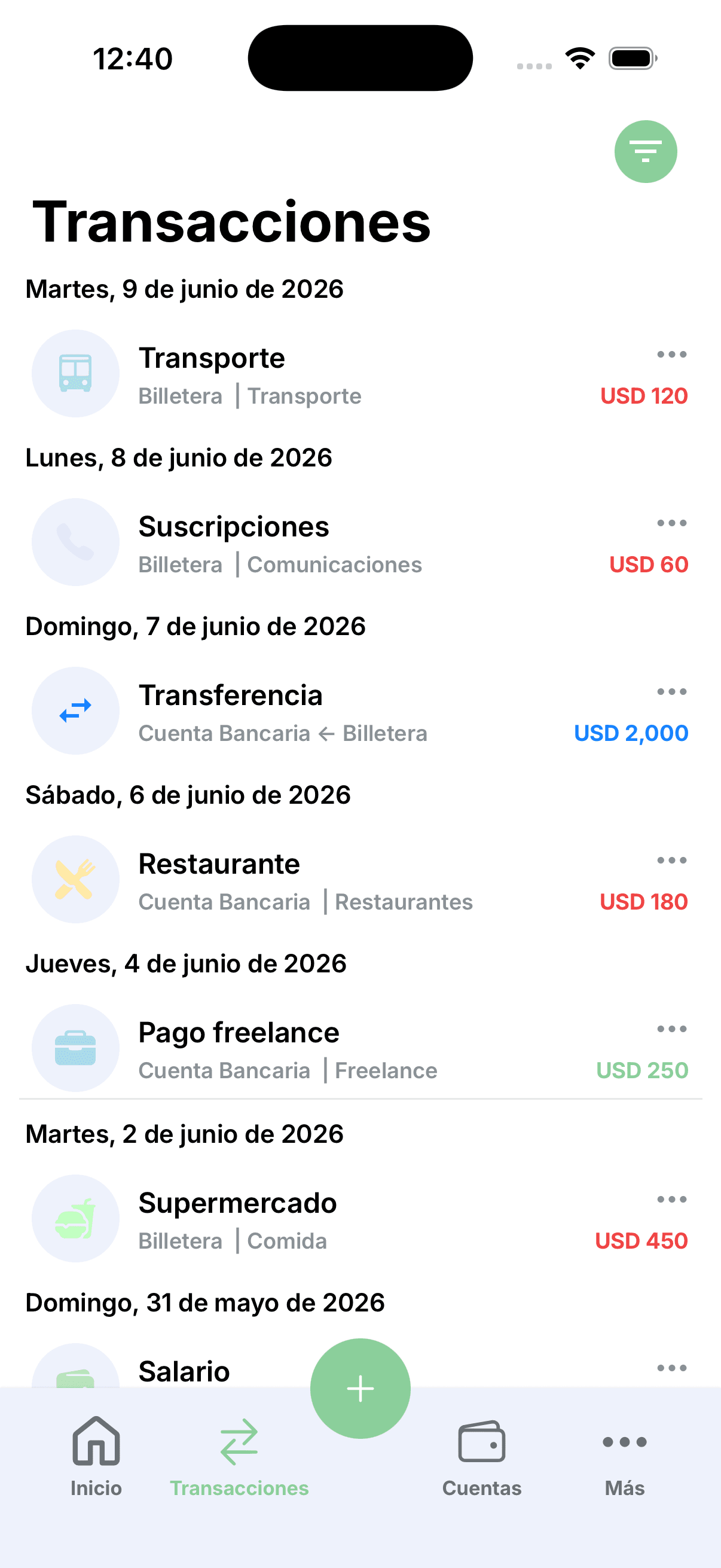Pantalla de transacciones